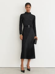 Reiss Black Mia Pinstripe Knitted Satin-Panel Midi Dress - Image 1 of 6