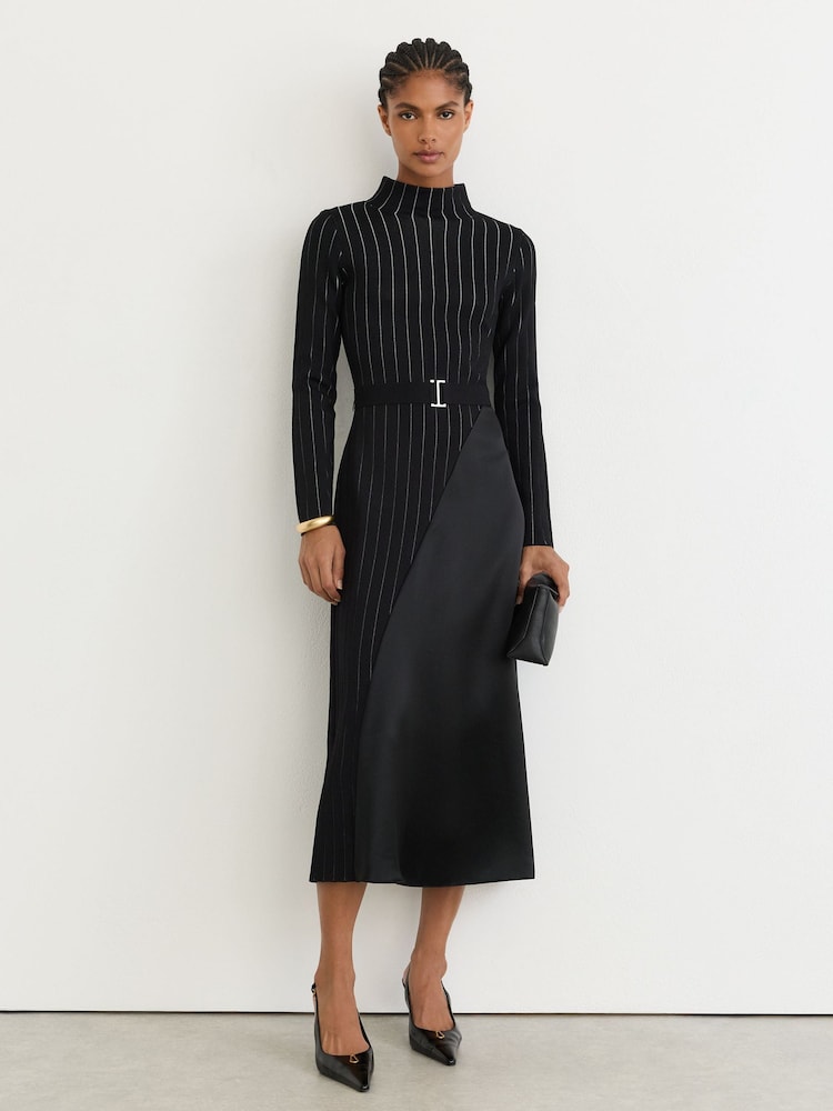 Reiss Black Mia Pinstripe Knitted Satin-Panel Midi Dress - Image 1 of 6 Reiss Black Mia Pinstripe Knitted Satin-Panel Midi Dress - Image 1 of 6