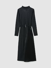 Reiss Black Mia Pinstripe Knitted Satin-Panel Midi Dress - Image 2 of 6