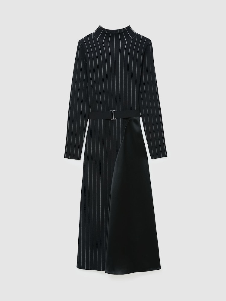 Reiss Black Mia Pinstripe Knitted Satin-Panel Midi Dress - Image 2 of 6 Reiss Black Mia Pinstripe Knitted Satin-Panel Midi Dress - Image 2 of 6