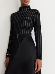 Reiss Black Mia Pinstripe Knitted Satin-Panel Midi Dress - Image 3 of 6