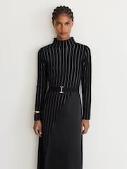 Reiss Black Mia Pinstripe Knitted Satin-Panel Midi Dress - Image 4 of 6