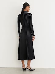 Reiss Black Mia Pinstripe Knitted Satin-Panel Midi Dress - Image 5 of 6