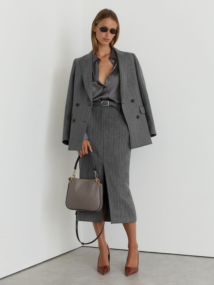 Reiss Grey Astrid Wool Pinstripe Belted Pencil Skirt - Image 1 of 9