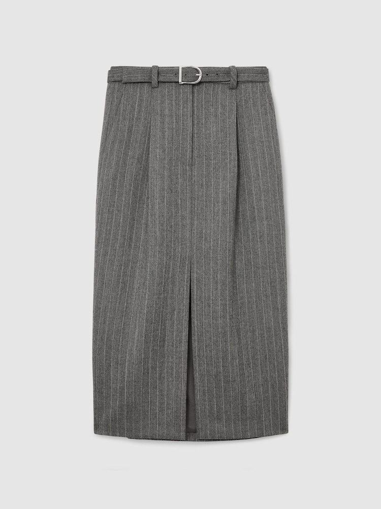 Reiss Grey Astrid Wool Pinstripe Belted Pencil Skirt - Image 2 of 9