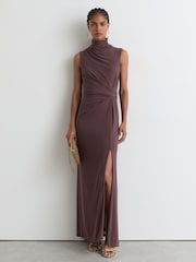 Reiss Taupe Brown Dylan Petite Draped-Detail Sleeveless Maxi Dress - Image 1 of 9