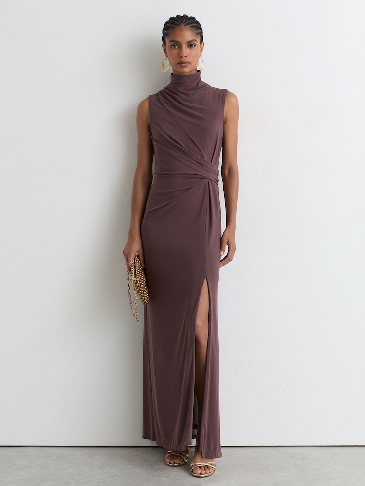 Reiss Taupe Brown Dylan Petite Draped-Detail Sleeveless Maxi Dress - Image 1 of 9