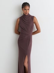 Reiss Taupe Brown Dylan Petite Draped-Detail Sleeveless Maxi Dress - Image 3 of 9