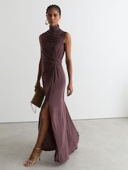 Reiss Taupe Brown Dylan Petite Draped-Detail Sleeveless Maxi Dress - Image 4 of 9