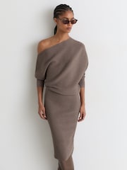 Reiss Neutral Lara Off-The-Shoulder Ribbed Midi Dress - Image 1 of 6
