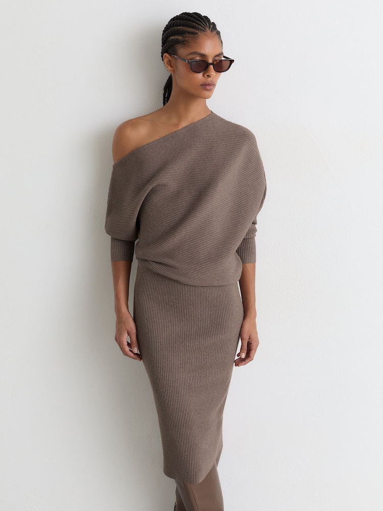 Reiss Neutral Lara Off-The-Shoulder Ribbed Midi Dress - Image 1 of 6 Reiss Neutral Lara Off-The-Shoulder Ribbed Midi Dress - Image 1 of 6