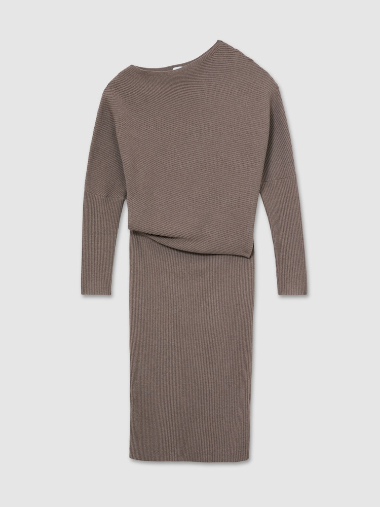 Reiss Neutral Lara Off-The-Shoulder Ribbed Midi Dress - Image 2 of 6 Reiss Neutral Lara Off-The-Shoulder Ribbed Midi Dress - Image 2 of 6