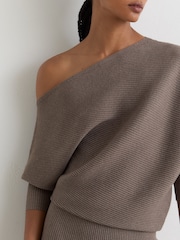 Reiss Neutral Lara Off-The-Shoulder Ribbed Midi Dress - Image 3 of 6