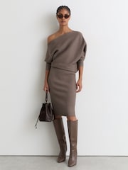 Reiss Neutral Lara Off-The-Shoulder Ribbed Midi Dress - Image 4 of 6