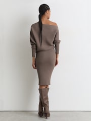 Reiss Neutral Lara Off-The-Shoulder Ribbed Midi Dress - Image 5 of 6