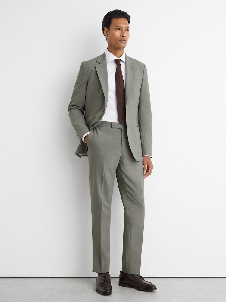 Reiss Sage Green Grain Tailored Fit Wool-Blend Side-Adjuster Suit Trousers - Image 1 of 6
