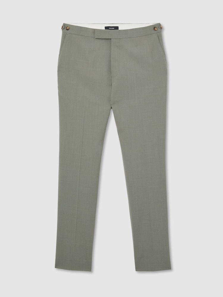 Reiss Sage Green Grain Tailored Fit Wool-Blend Side-Adjuster Suit Trousers - Image 2 of 6