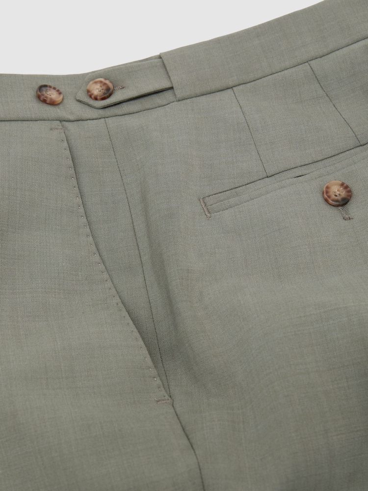 Reiss Sage Green Grain Tailored Fit Wool-Blend Side-Adjuster Suit Trousers - Image 6 of 6
