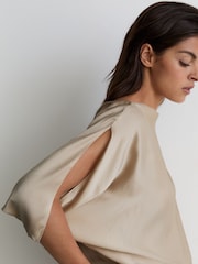 Reiss Champagne Neutral Kendra Silk Draped Split-Sleeve Top - Image 1 of 6