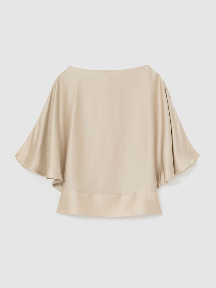 Reiss Champagne Neutral Kendra Silk Draped Split-Sleeve Top - Image 2 of 6 Reiss Champagne Neutral Kendra Silk Draped Split-Sleeve Top - Image 2 of 6