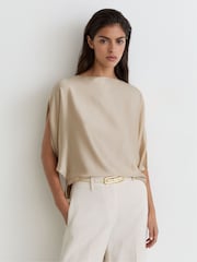Reiss Champagne Neutral Kendra Silk Draped Split-Sleeve Top - Image 4 of 6
