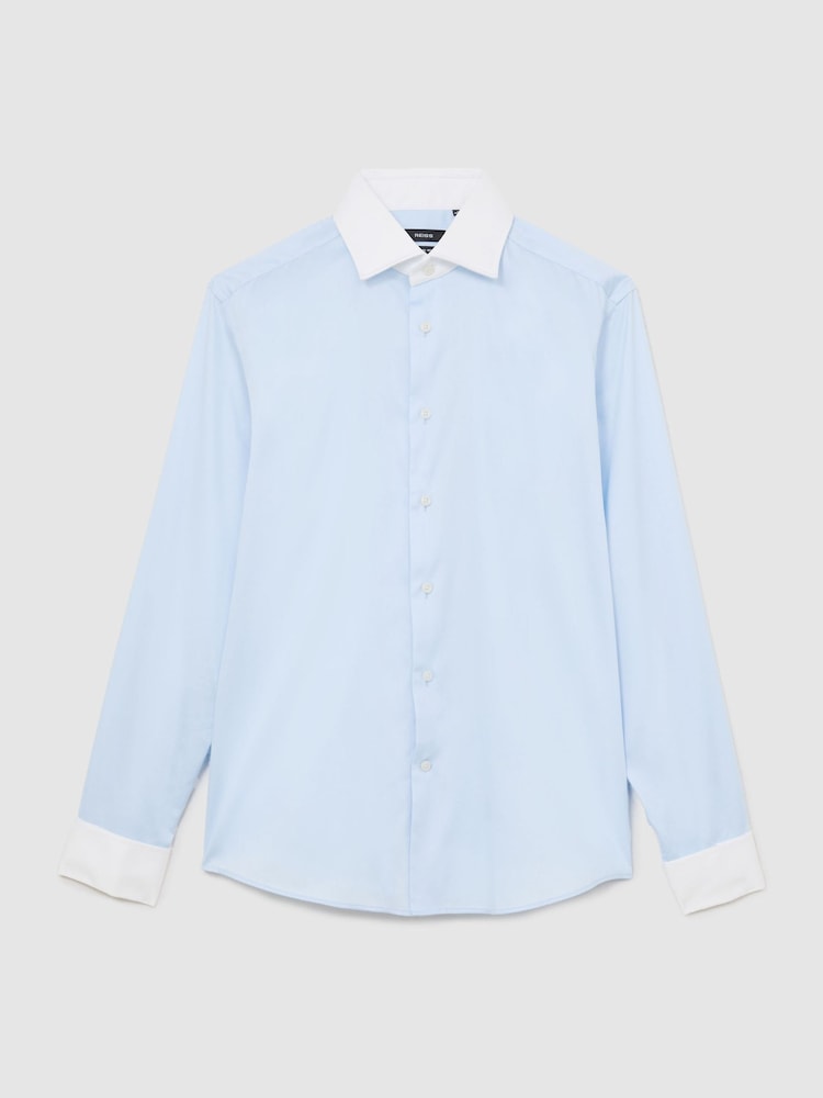 Reiss Soft Blue Wells Cotton-Stretch Contrast Double-Cuff Shirt Regular-Fit - Image 2 of 8 Reiss Soft Blue Wells Cotton-Stretch Contrast Double-Cuff Shirt Regular-Fit - Image 2 of 8