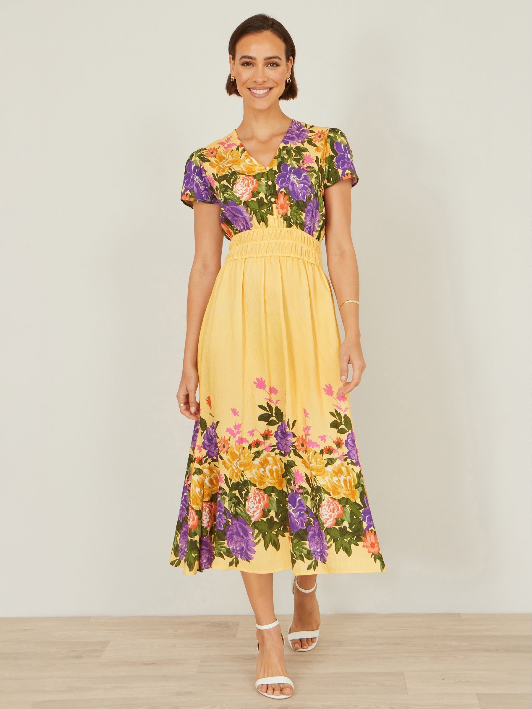 YUMIです✩.*˚: Buy Yumi Yellow Floral Mirror Print Viscose Midi Dress from Next