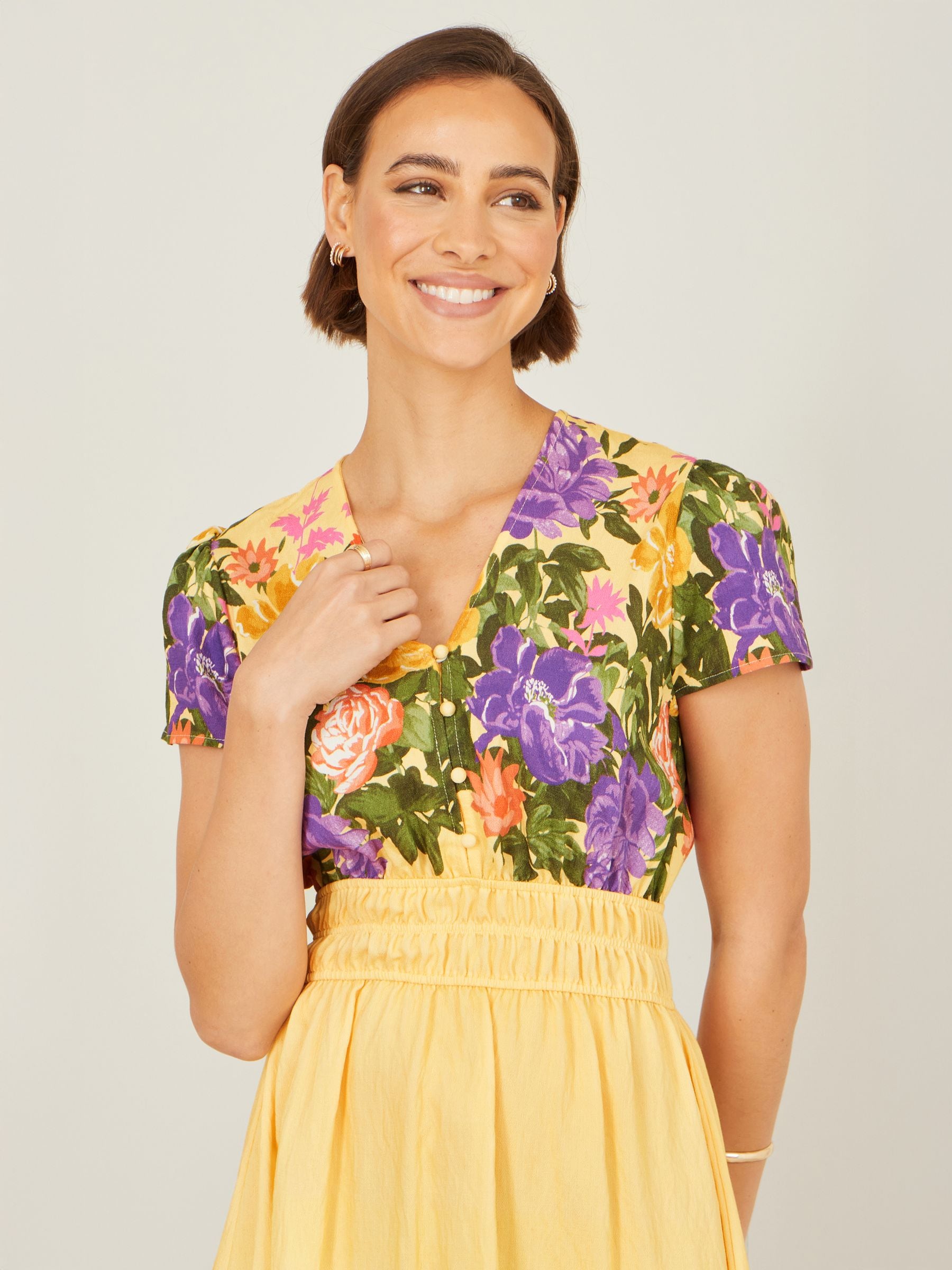 Buy Yumi Yellow Floral Mirror Print Viscose Midi Dress from Next