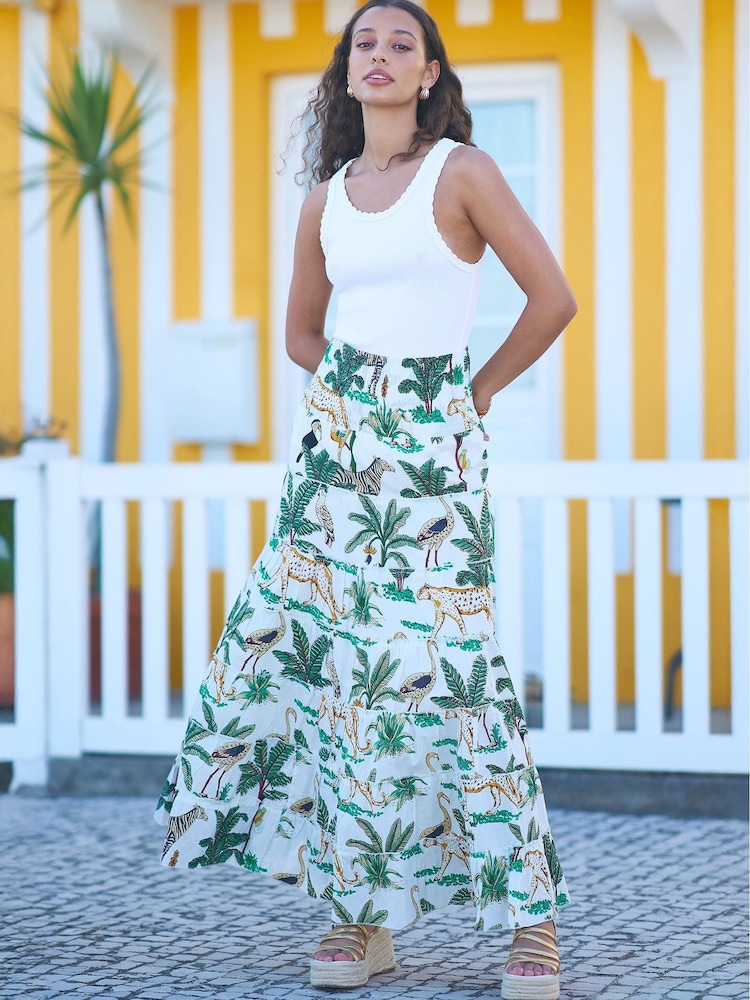 Yumi White Animal Print Cotton Tiered Maxi Skirt - Image 1 of 4