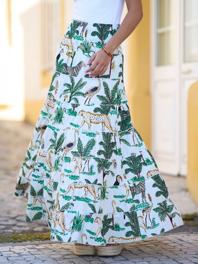 Yumi White Animal Print Cotton Tiered Maxi Skirt - Image 2 of 4