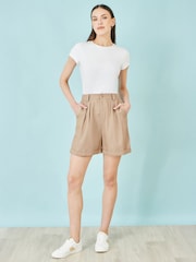 Yumi Brown Pleat Front Shorts - Image 1 of 3