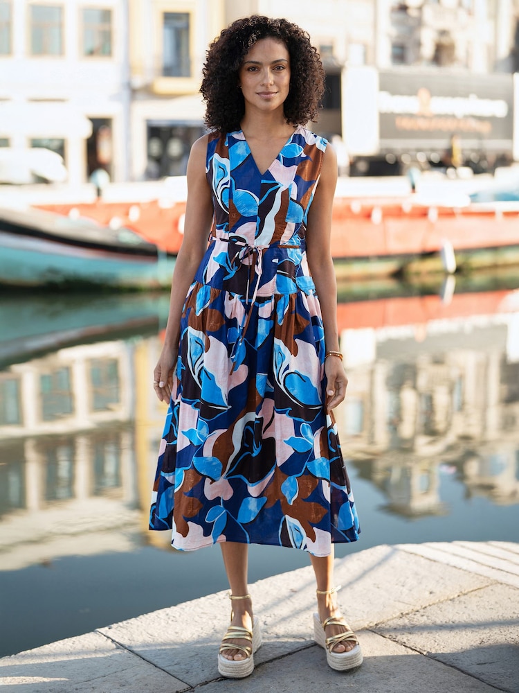 Yumi Blue Cotton Floral Abstract Dropped Waist Midi Dress - Image 1 of 5