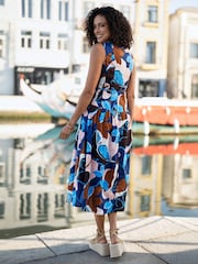Yumi Blue Cotton Floral Abstract Dropped Waist Midi Dress - Image 2 of 5