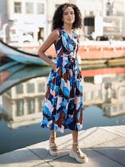 Yumi Blue Cotton Floral Abstract Dropped Waist Midi Dress - Image 3 of 5