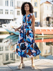 Yumi Blue Cotton Floral Abstract Dropped Waist Midi Dress - Image 4 of 5