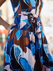 Yumi Blue Cotton Floral Abstract Dropped Waist Midi Dress - Image 5 of 5