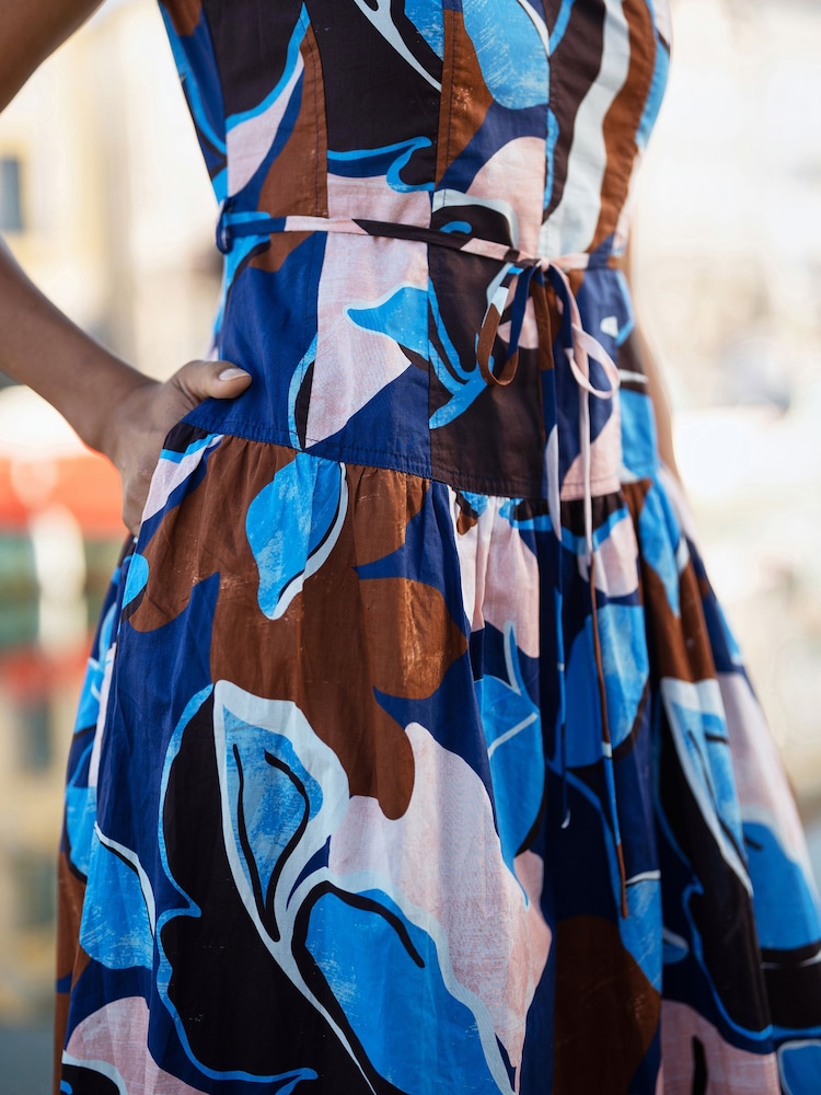 Yumi Blue Cotton Floral Abstract Dropped Waist Midi Dress - Image 5 of 5