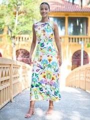 أبيض - فستان ماكسي مزين بربطة خلفية وطبعات تجريدية مصنوع من القطن من Yumi - Image 1 of 5