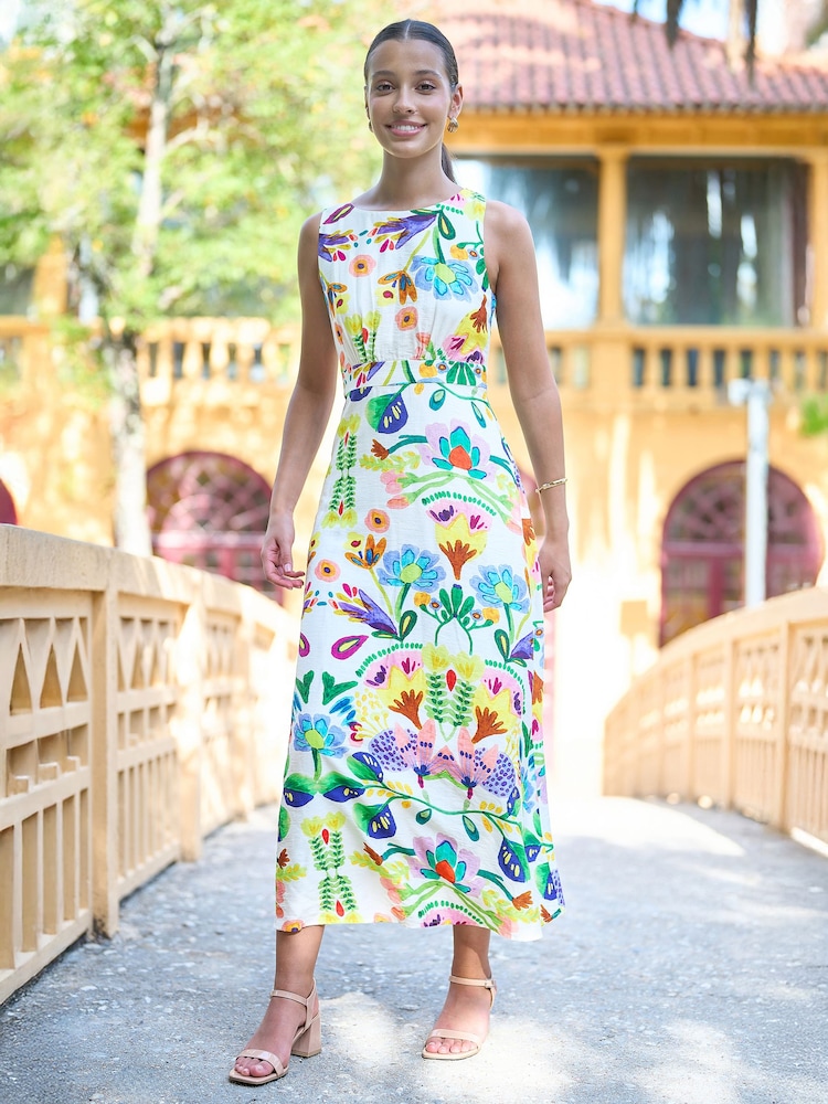 أبيض - فستان ماكسي مزين بربطة خلفية وطبعات تجريدية مصنوع من القطن من Yumi - Image 1 of 5