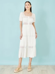 Yumi White Cotton Square Neckline Lace Midi Dress - Image 1 of 4
