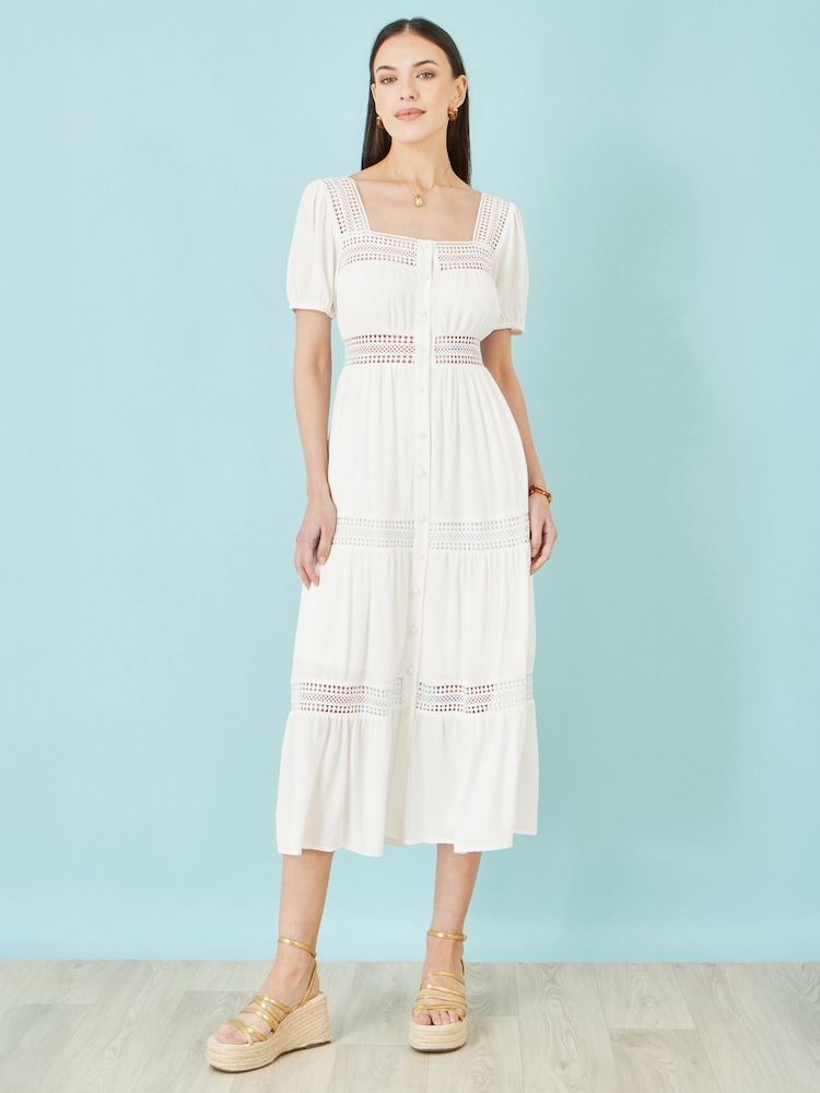 Yumi White Cotton Square Neckline Lace Midi Dress - Image 1 of 4
