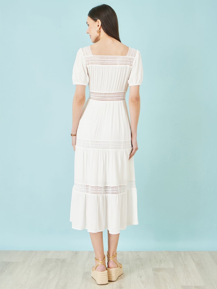 Yumi White Cotton Square Neckline Lace Midi Dress - Image 2 of 4