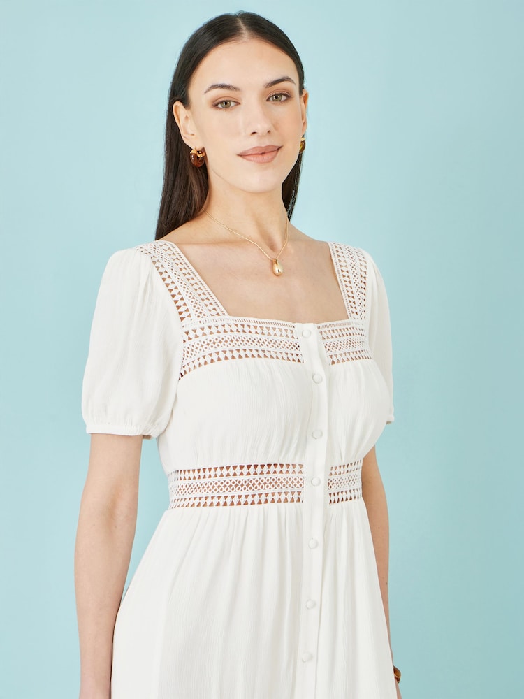 Yumi White Cotton Square Neckline Lace Midi Dress - White / 16 Yumi White Cotton Square Neckline Lace Midi Dress - White / 16