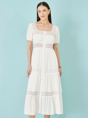 Yumi White Cotton Square Neckline Lace Midi Dress - Image 4 of 4