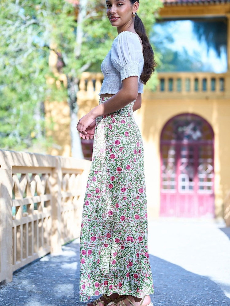 Yumi White Boho Print Cotton Floral Maxi Skirt - Image 2 of 3
