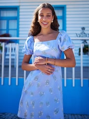 Yumi Blue Cotton Floral Puff Sleeve Skater Dress - Image 4 of 5
