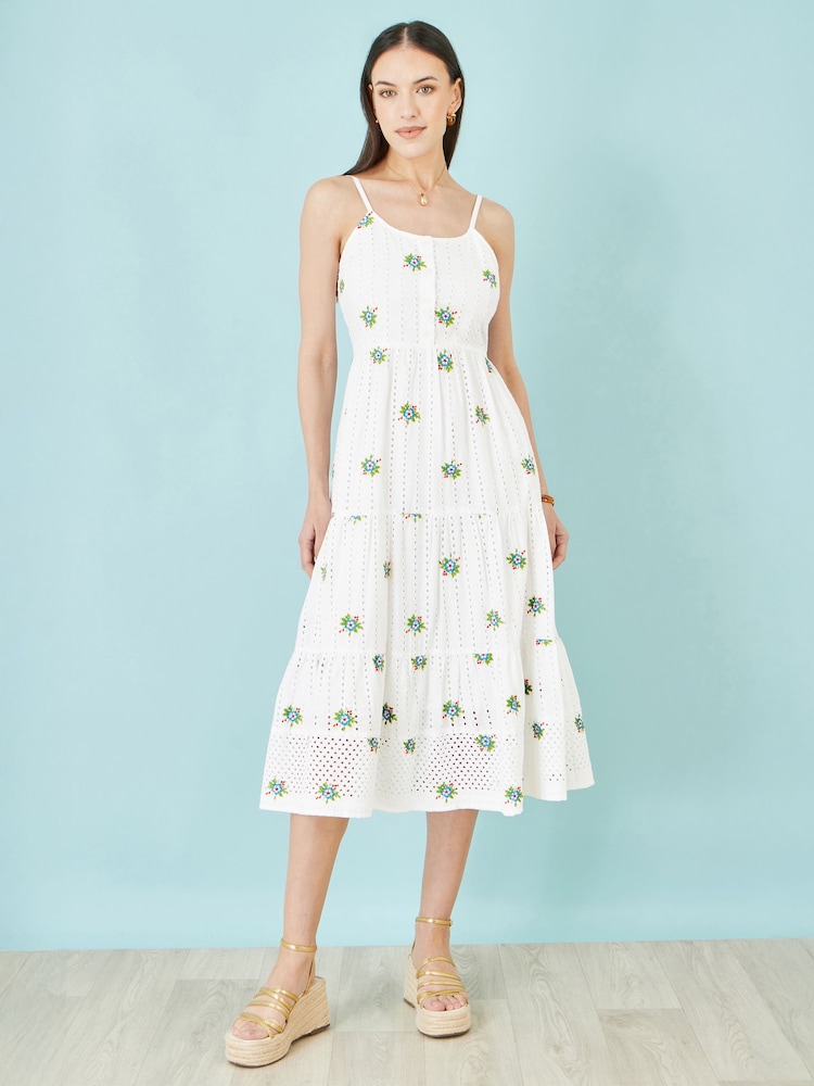 Yumi White Cotton Embroidered Broderie Anglaise Midi Sun Dress - Image 1 of 5 Yumi White Cotton Embroidered Broderie Anglaise Midi Sun Dress - Image 1 of 5