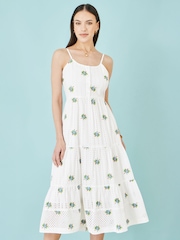 Yumi White Cotton Embroidered Broderie Anglaise Midi Sun Dress - Image 3 of 5