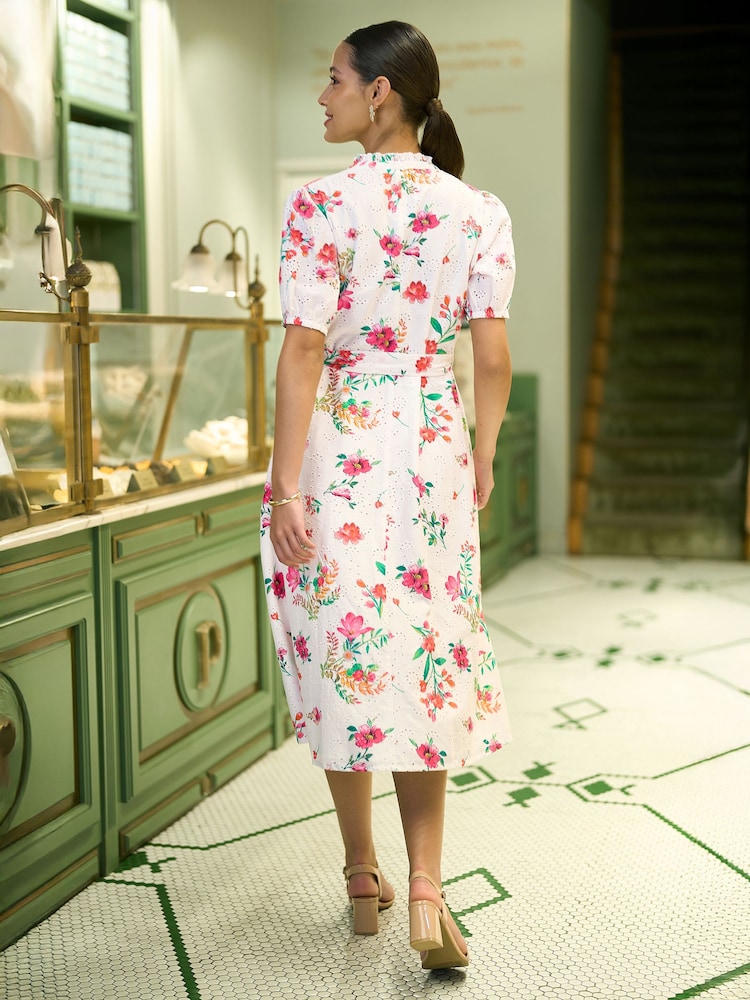 Yumi Floral Print Cotton Broderie Anglaise Midi Shirt Dress - Imagen 2 de 5