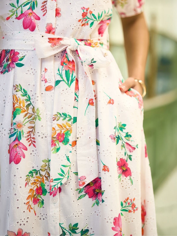 Yumi Floral Print Cotton Broderie Anglaise Midi Shirt Dress - Imagen 5 de 5